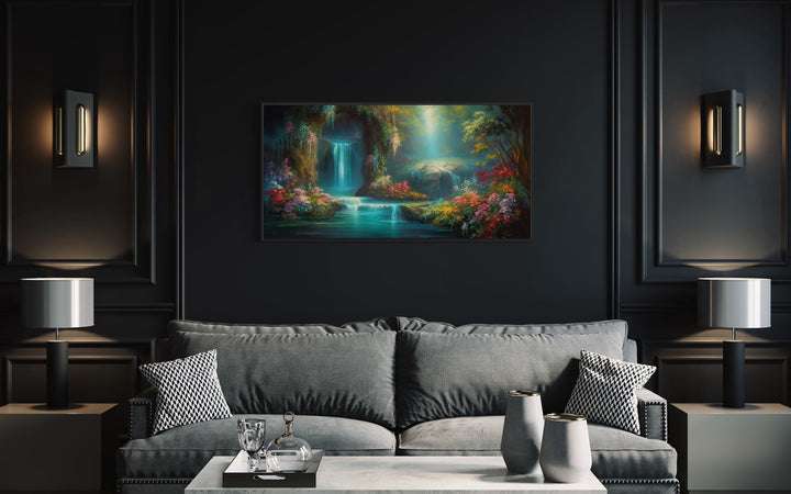 Waterfall In Magical Enchanted Tropical Forest Framed Canvas Wall Art