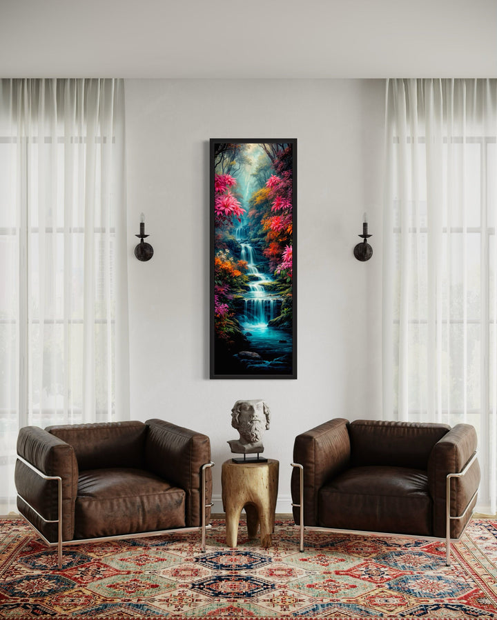 Waterfall in Enchanted Forest Tall Narrow Vertical Framed Canvas Wall Art