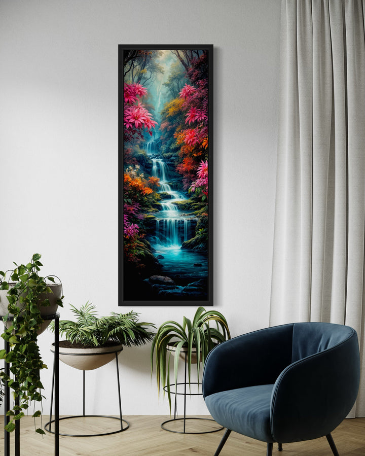 Waterfall in Enchanted Forest Tall Narrow Vertical Framed Canvas Wall Art