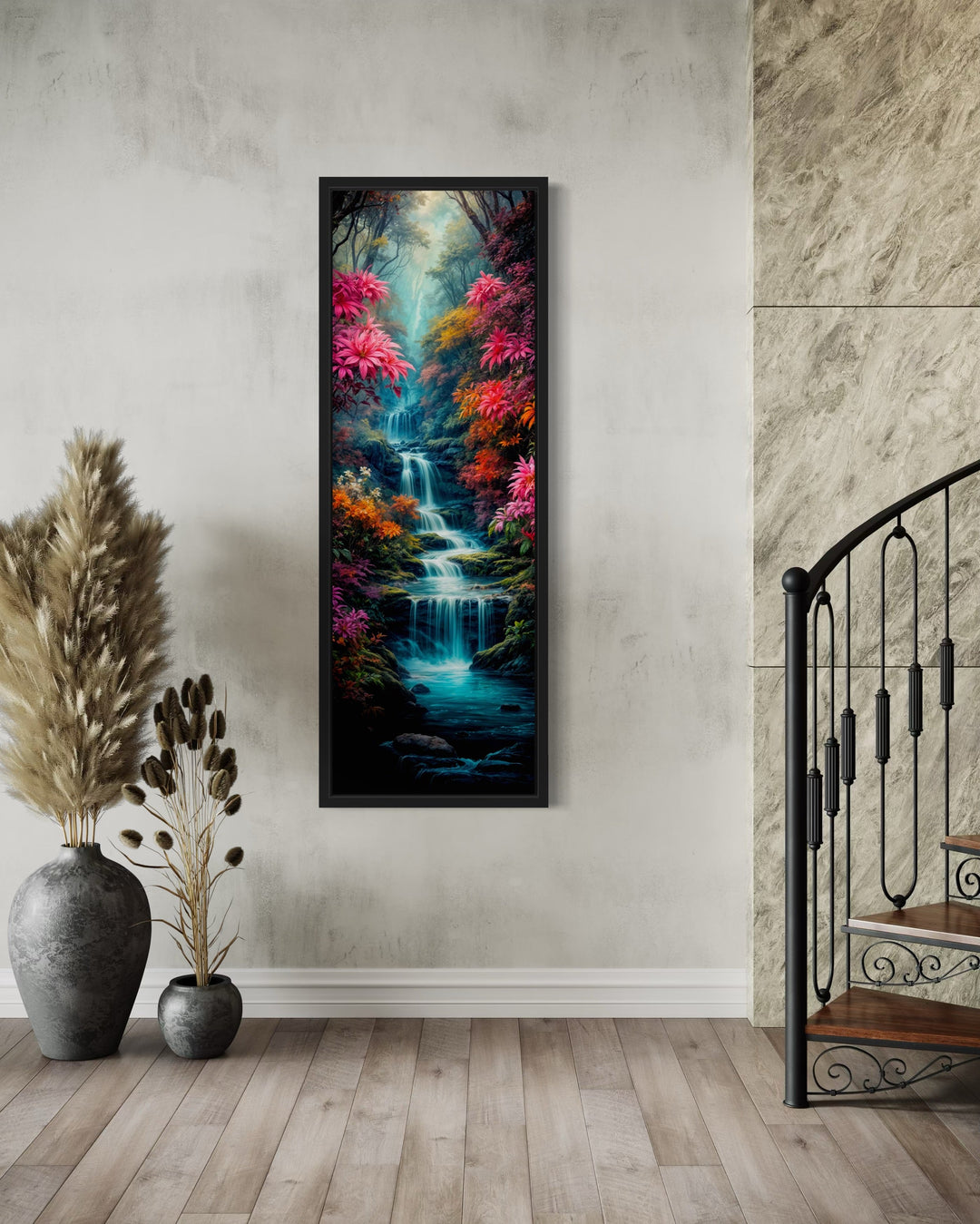 Waterfall in Enchanted Forest Tall Narrow Vertical Framed Canvas Wall Art