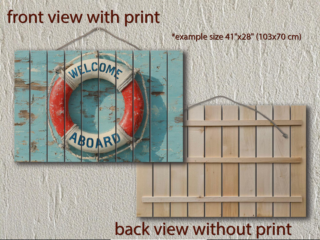 Nautical welcome aboard lifebuoy sign printed on distressed wood planks with a rope hanger.