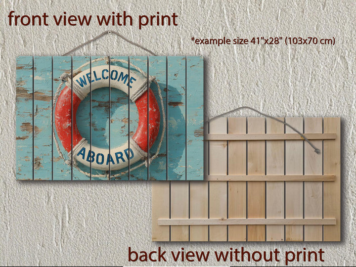 Nautical welcome aboard lifebuoy sign printed on distressed wood planks with a rope hanger.