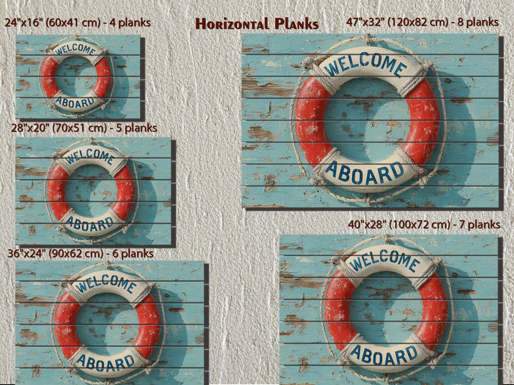 Nautical lifebuoy wood sign with Welcome Aboard text, shown in five sizes with plank counts.