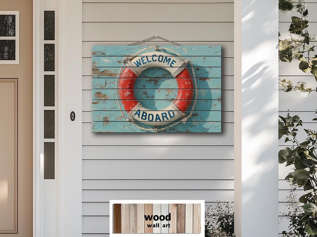 A distressed wood wall art sign featuring a nautical lifebuoy with the words Welcome Aboard.