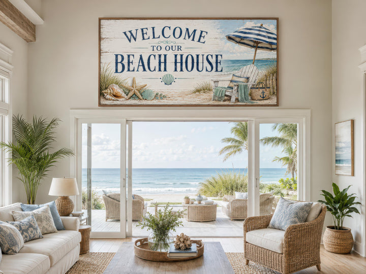 Welcome To Our Beach House rustic canvas print hanging in a coastal living room with ocean views.