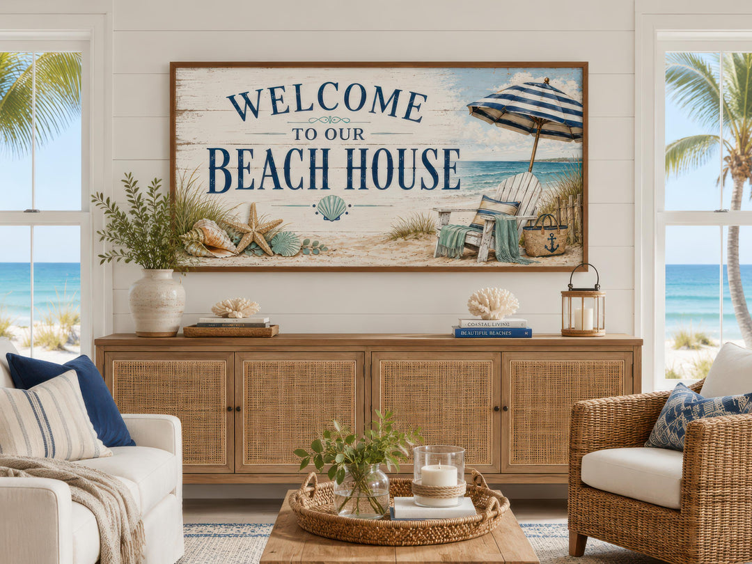 Welcome To Our Beach House rustic sign canvas print above a wooden sideboard in a coastal room.