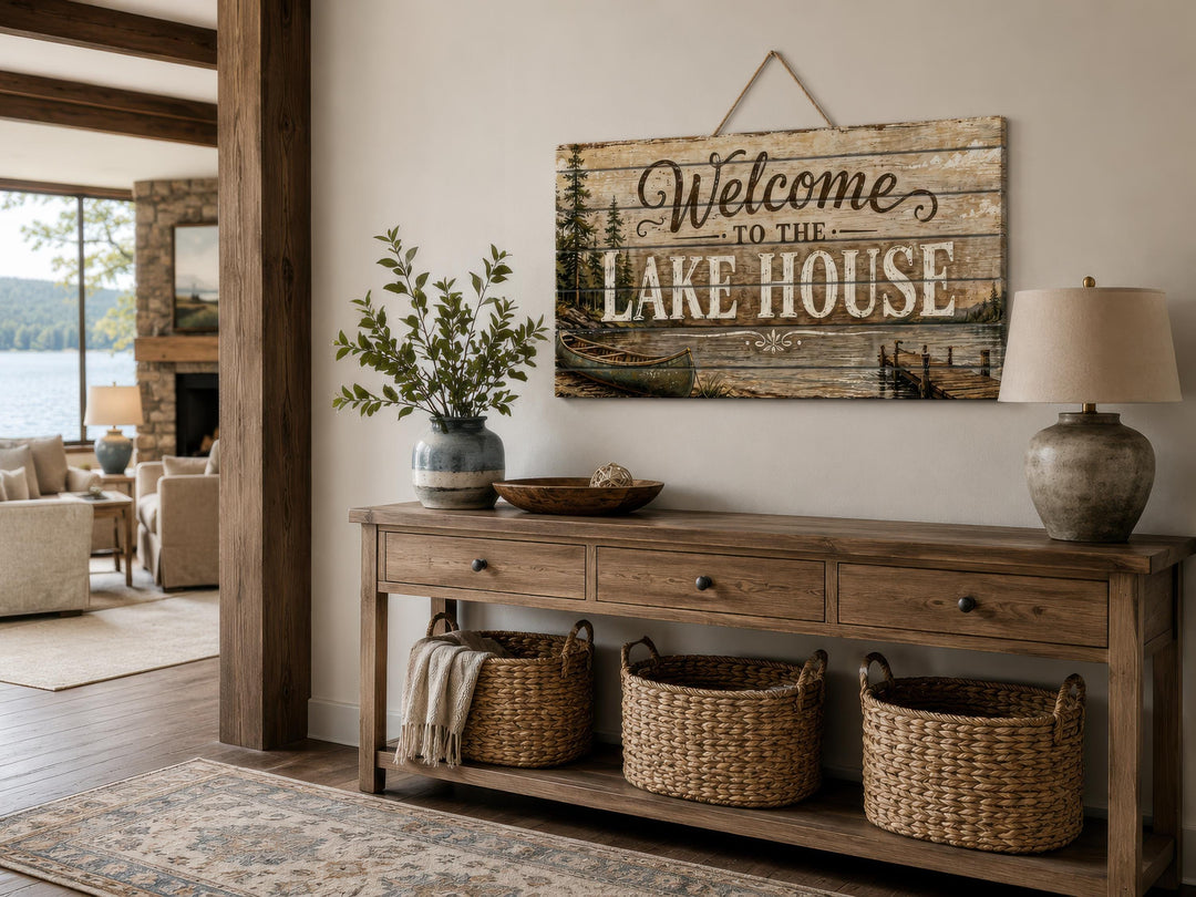 Rustic wood sign with "Welcome to the Lake House" text, pine trees, and a canoe on a console table.
