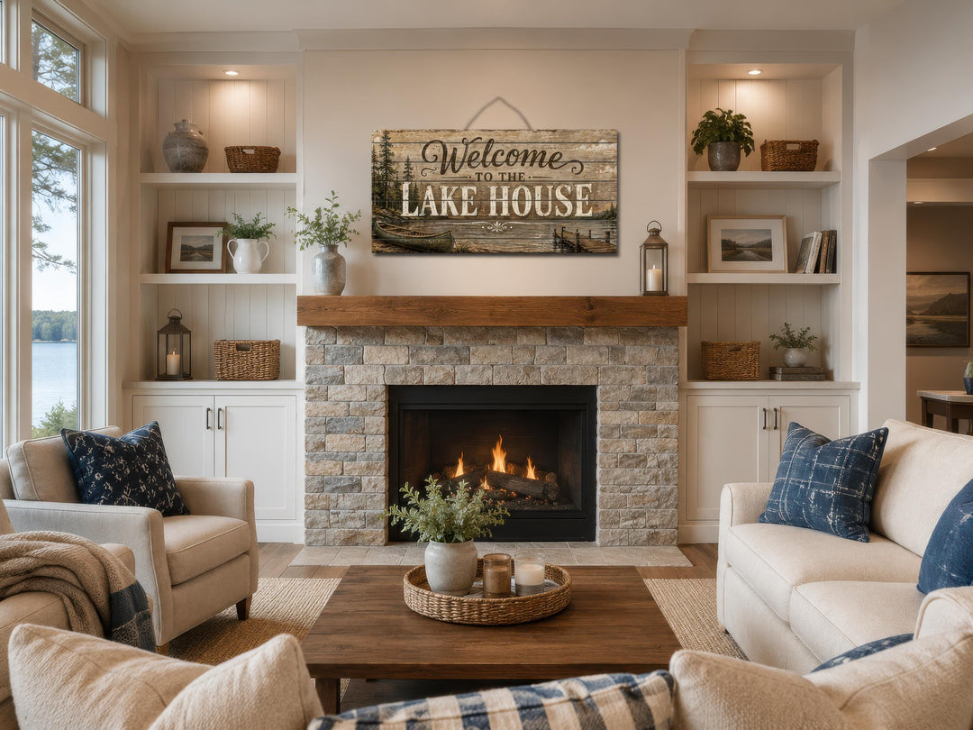 Rustic wood Welcome to the Lake House sign hanging above a stone fireplace in a cozy living room.