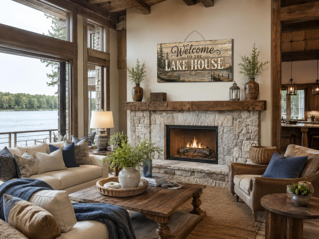 Rustic wood sign with 'Welcome to the Lake House' text above a stone fireplace in a cozy cabin.