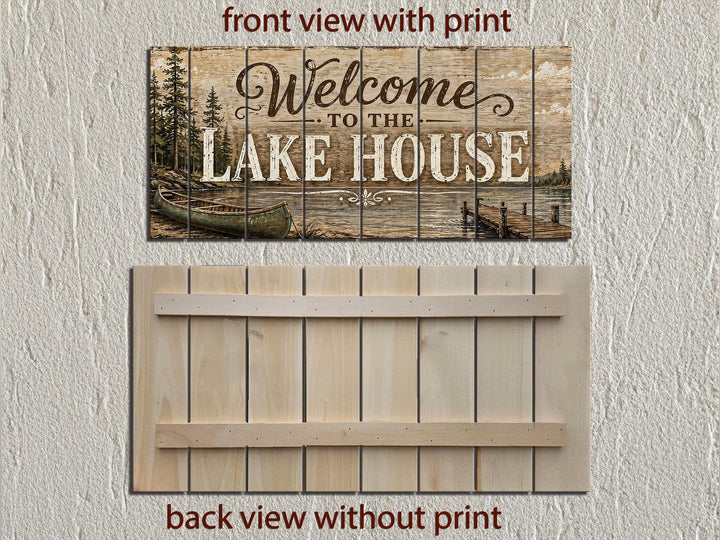 Front and back view of a rustic wood sign reading 'Welcome to the Lake House' with a canoe and dock.