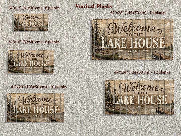 Five sizes of rustic vertical plank wood signs featuring a lake house scene with a canoe and dock.