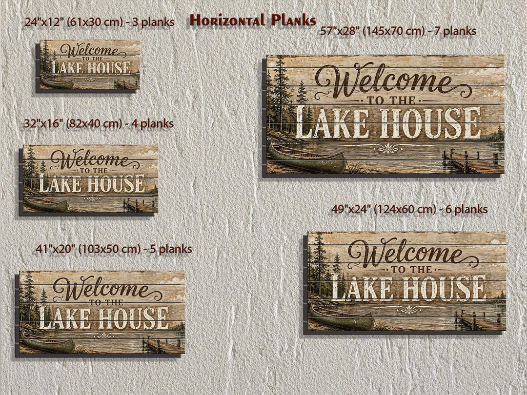 Five sizes of rustic Welcome to the Lake House wood signs featuring a canoe and dock scene.