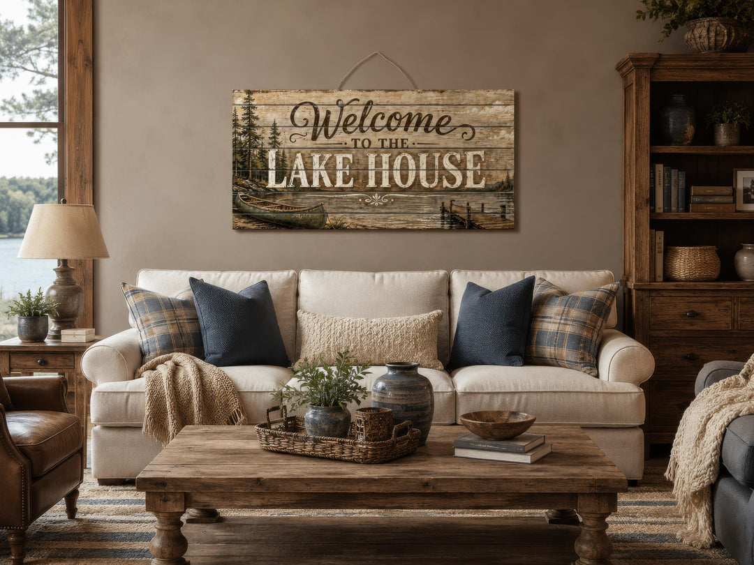 Rustic wood wall art sign reading "Welcome to the Lake House" hanging above a neutral sofa.