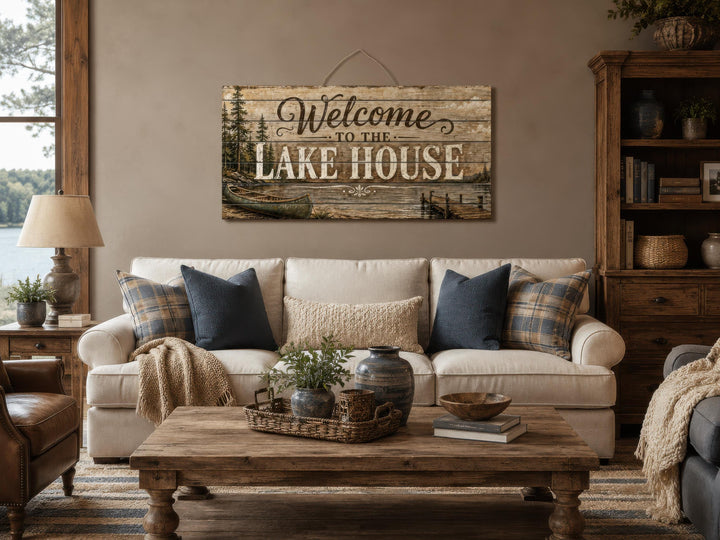 Rustic wood wall art sign reading "Welcome to the Lake House" hanging above a neutral sofa.
