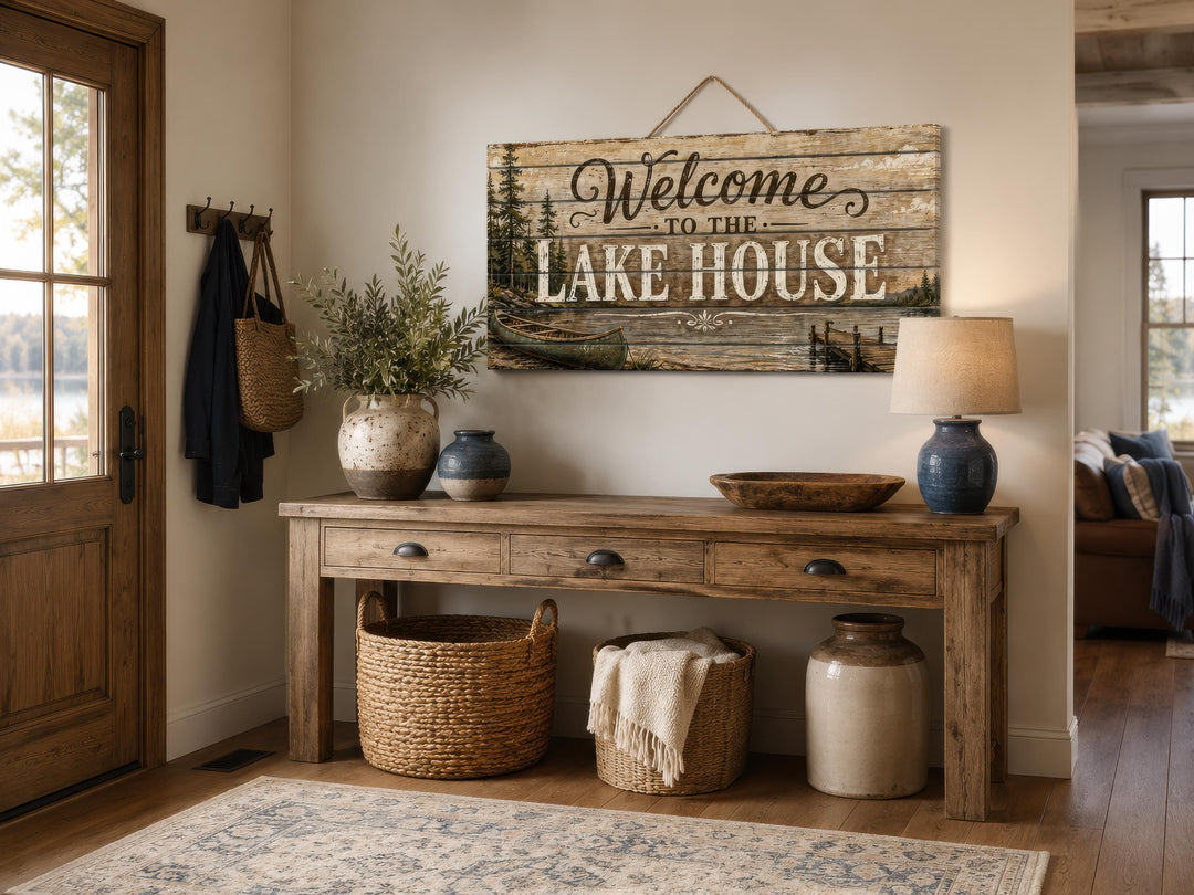 Rustic wood wall art sign reading "Welcome to the Lake House" above a wooden console table.