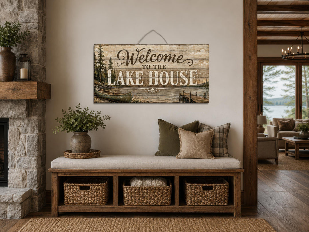 Rustic wood wall art sign reading "Welcome to the Lake House" with pine trees and a canoe scene.