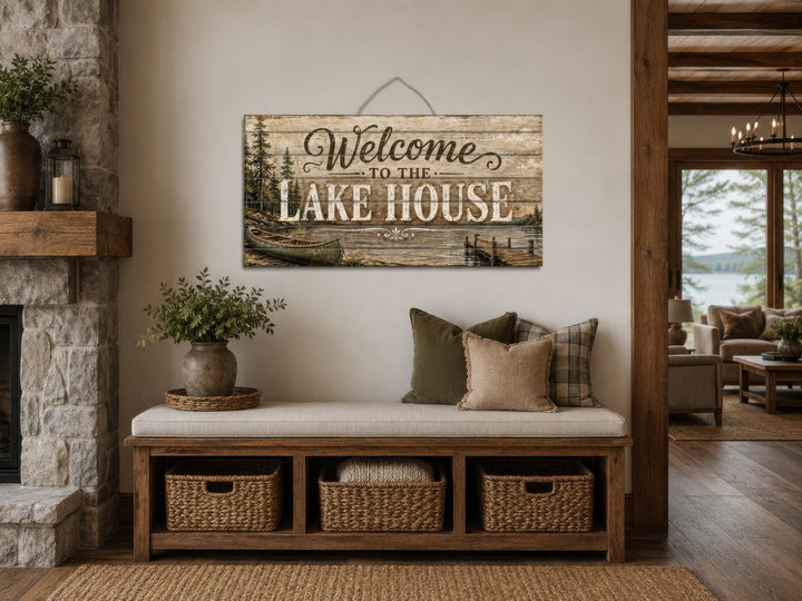 Rustic wood wall art sign reading "Welcome to the Lake House" with pine trees and a canoe scene.