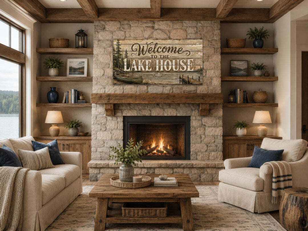 Rustic wood wall art sign reading "Welcome to the Lake House" above a stone fireplace.