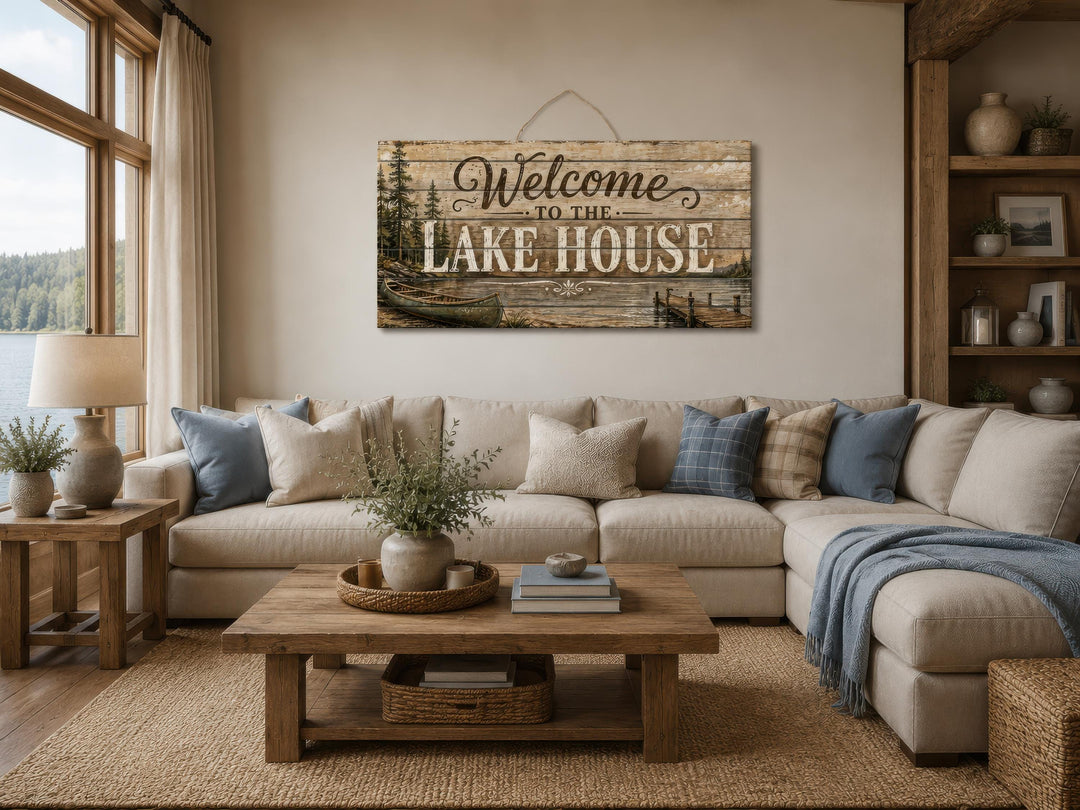 Rustic wood wall art sign reading "Welcome to the Lake House" above a living room sofa.