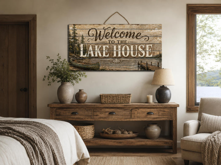 Rustic wood wall art sign reading "Welcome to the Lake House" with pine tree and canoe illustrations.