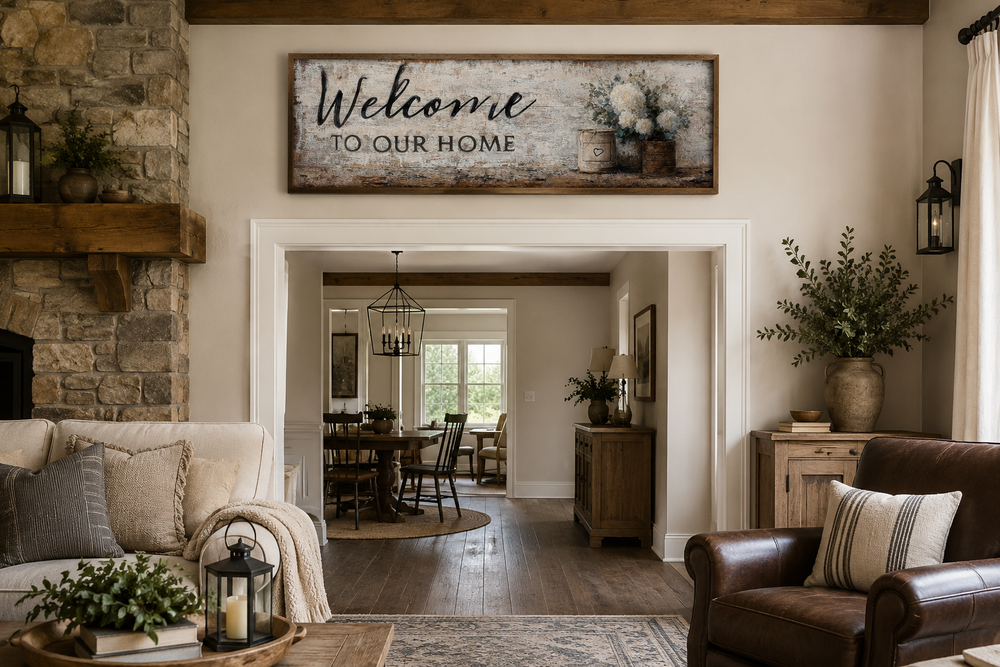 Long horizontal farmhouse wall art with "Welcome to Our Home" text and flowers above an entryway.
