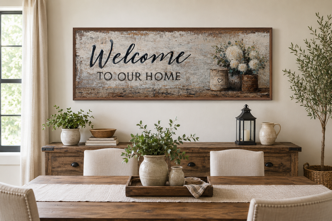 Long horizontal farmhouse wall art with 'Welcome to Our Home' script and floral cluster in a frame.
