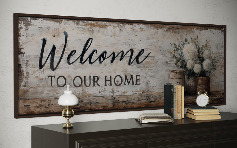 Welcome to Our Home Long Horizontal Wall Art With Flowers