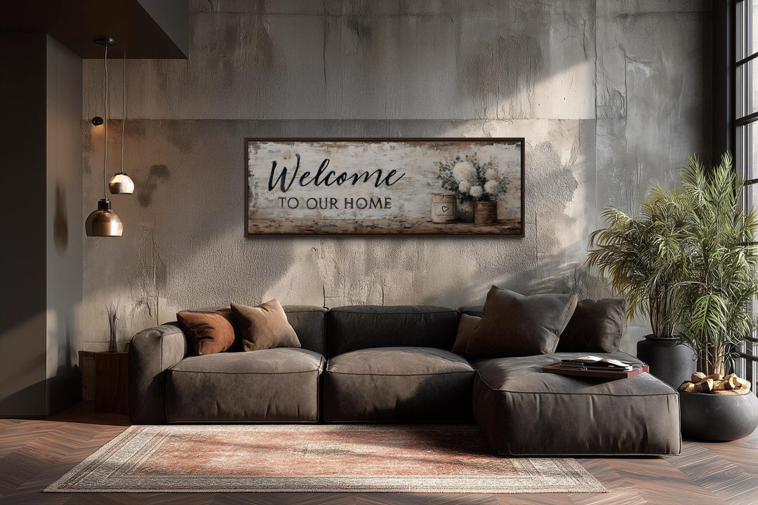 Welcome to Our Home Long Horizontal Wall Art With Flowers