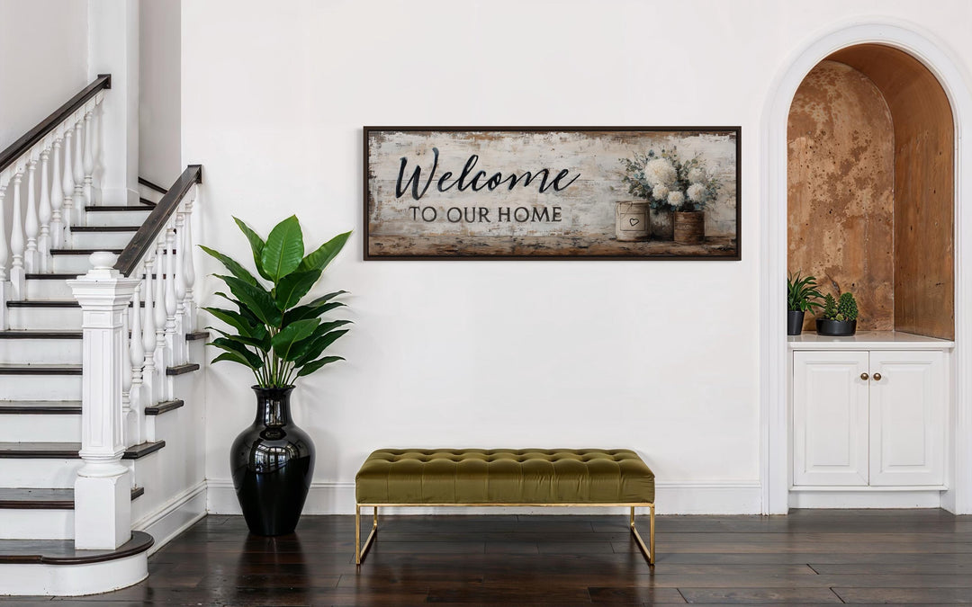 Welcome to Our Home Long Horizontal Wall Art With Flowers