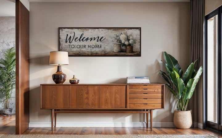 Welcome to Our Home Long Horizontal Wall Art With Flowers