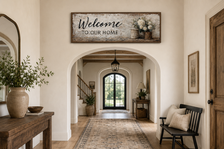 Long horizontal farmhouse wall art with 'Welcome to Our Home' text and flowers in a rustic entryway.