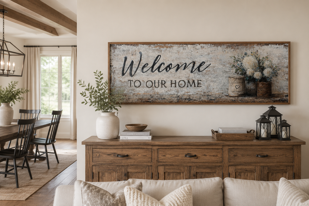 Long horizontal farmhouse wall art with 'Welcome to Our Home' text and flowers above a wood buffet.
