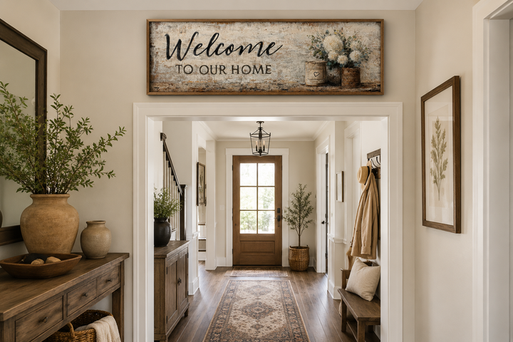 Long horizontal farmhouse wall art with 'Welcome to Our Home' text and flowers in a rustic entryway.