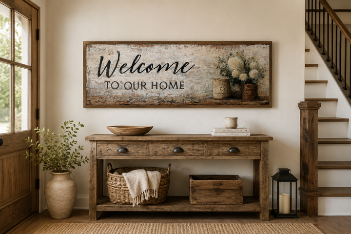Long horizontal farmhouse wall art with "Welcome to Our Home" text and flowers above a console table.