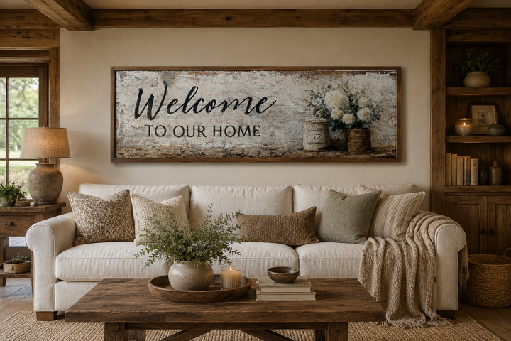 Long horizontal farmhouse wall art with 'Welcome to Our Home' text and flowers above a white sofa.