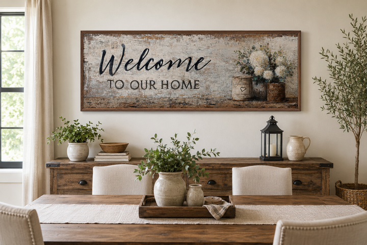 Long horizontal farmhouse wall art with 'Welcome to Our Home' script and floral cluster in a frame.