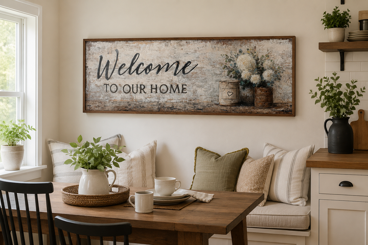 Long horizontal farmhouse wall art with 'Welcome to Our Home' text and flowers above a dining nook.