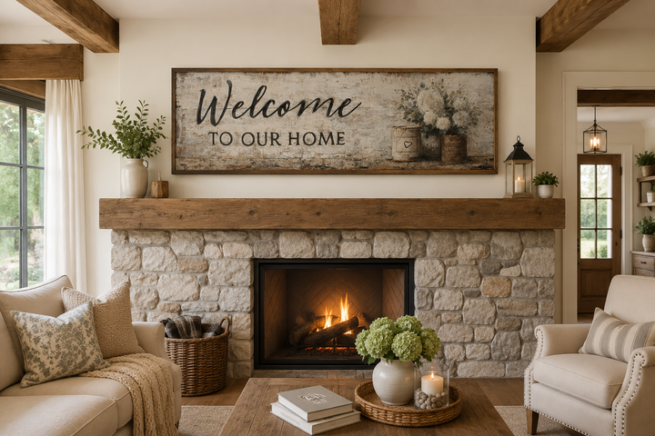 Welcome to Our Home long horizontal farmhouse wall art with flowers above a stone fireplace.
