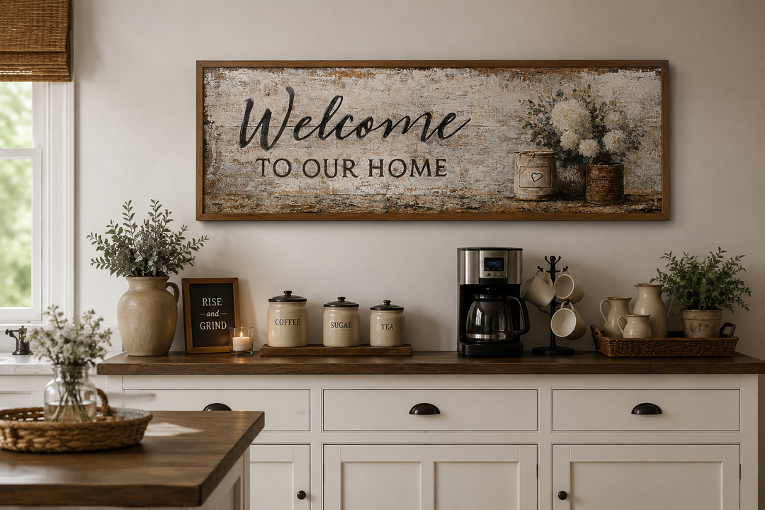 Long horizontal farmhouse wall art with "Welcome to Our Home" text and flowers above a coffee bar.