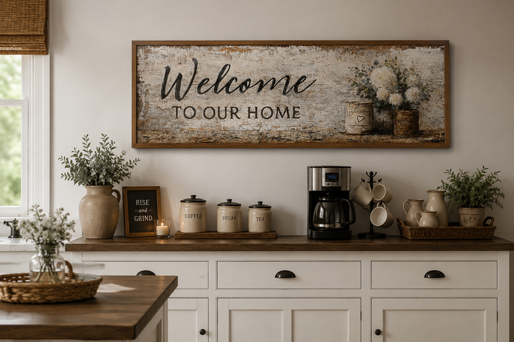 Long horizontal farmhouse wall art with "Welcome to Our Home" text and flowers above a coffee bar.