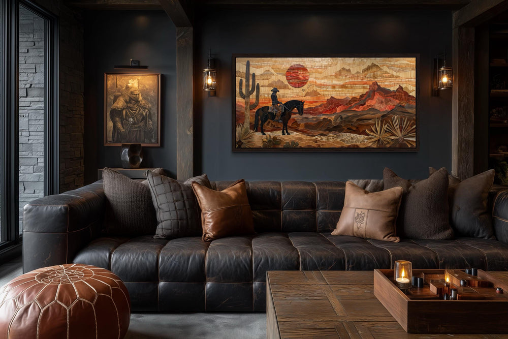 Western Cowboy In Desert Sunset Layered Wood Style Canvas Wall Art