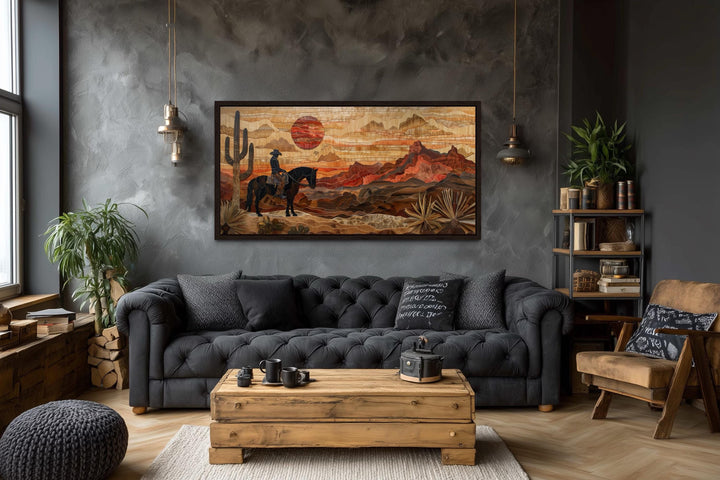 Western Cowboy In Desert Sunset Layered Wood Style Canvas Wall Art