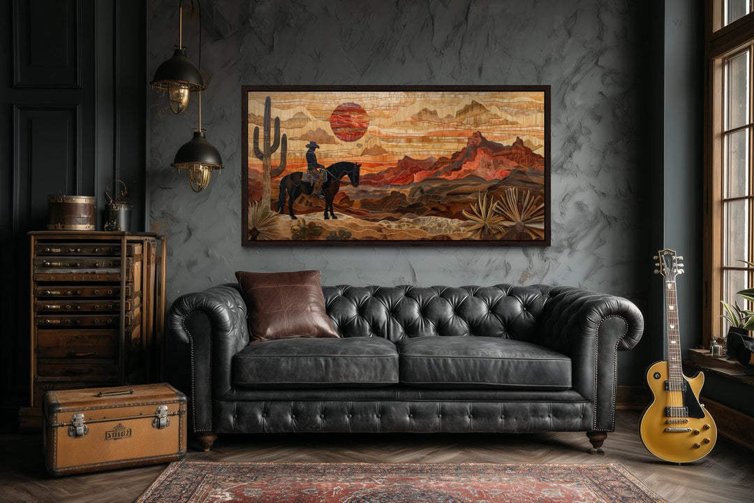 Western Cowboy In Desert Sunset Layered Wood Style Canvas Wall Art