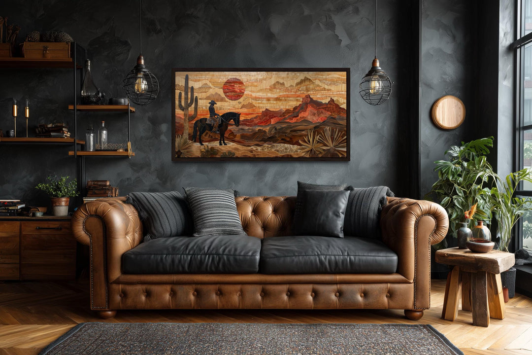 Western Cowboy In Desert Sunset Layered Wood Style Canvas Wall Art