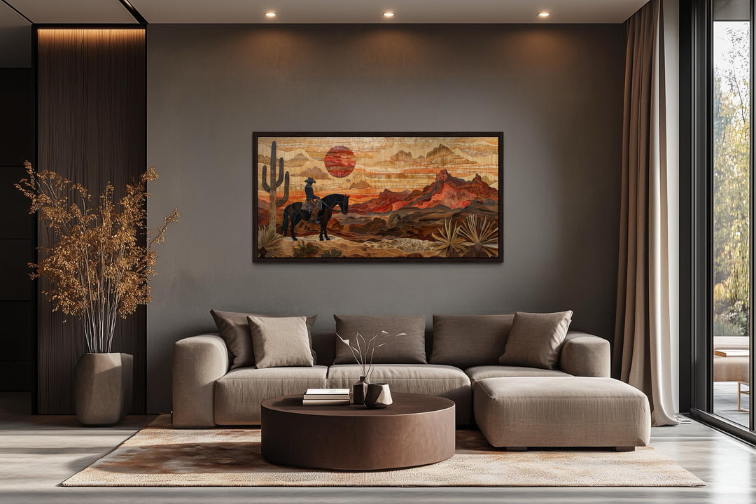 Western Cowboy In Desert Sunset Layered Wood Style Canvas Wall Art