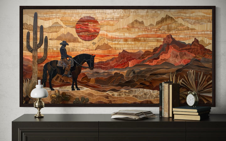 Western Cowboy In Desert Sunset Layered Wood Style Canvas Wall Art