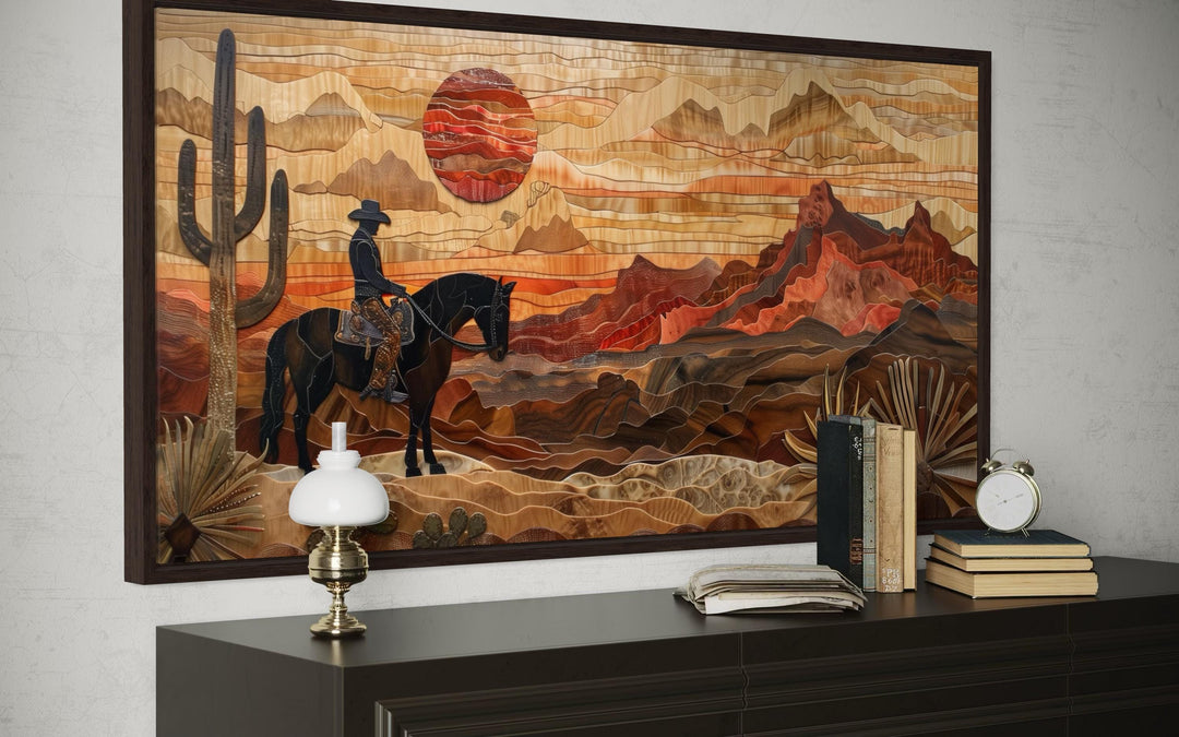 Western Cowboy In Desert Sunset Layered Wood Style Canvas Wall Art