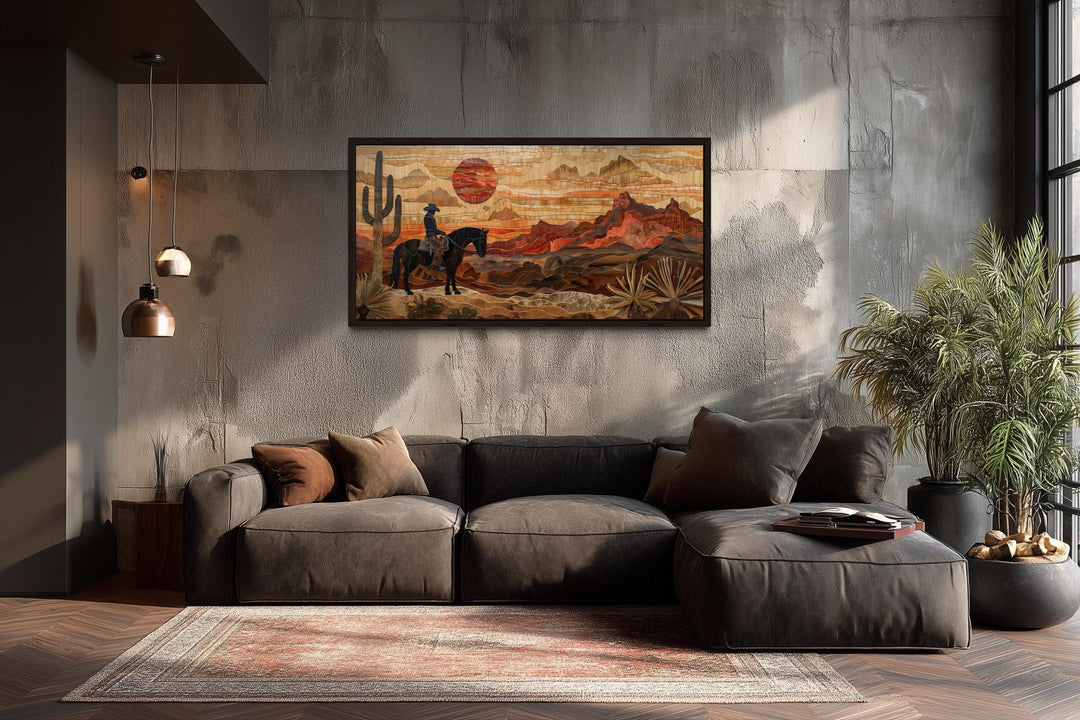 Western Cowboy In Desert Sunset Layered Wood Style Canvas Wall Art
