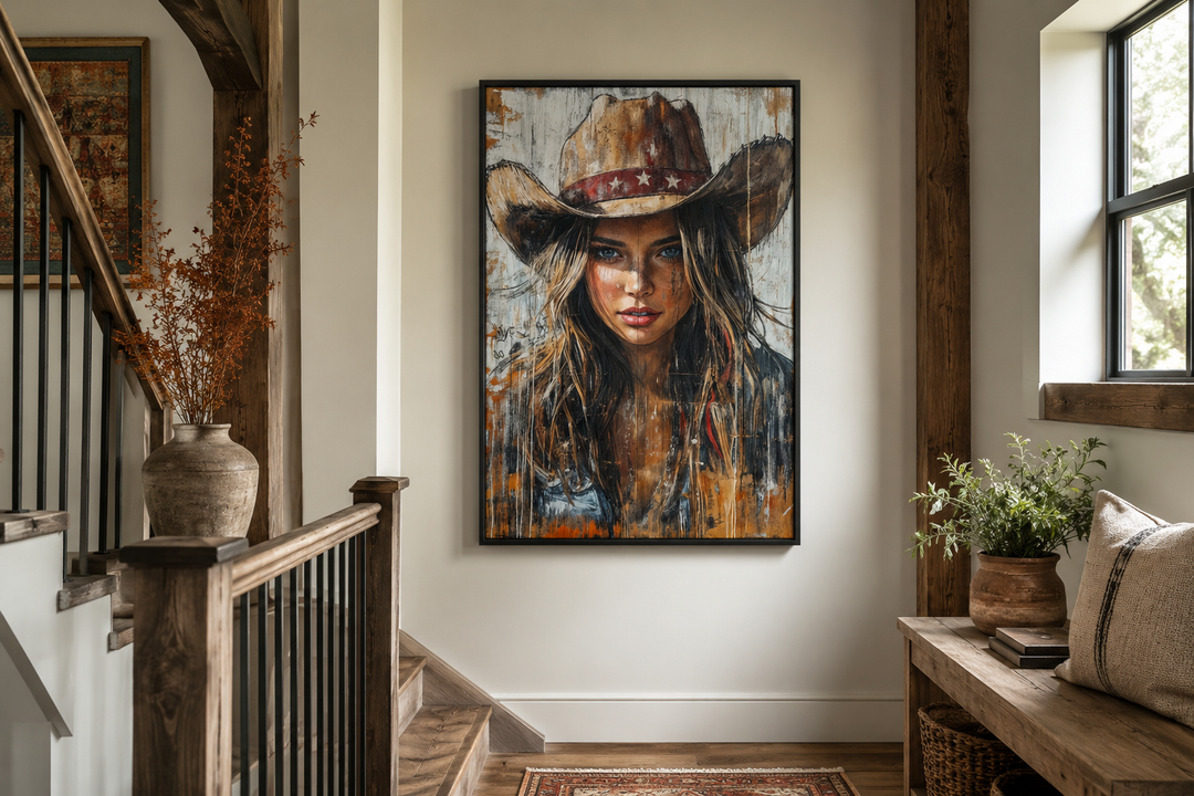 Western cowgirl rustic framed canvas wall art featuring a woman in a cowboy hat in a home setting.