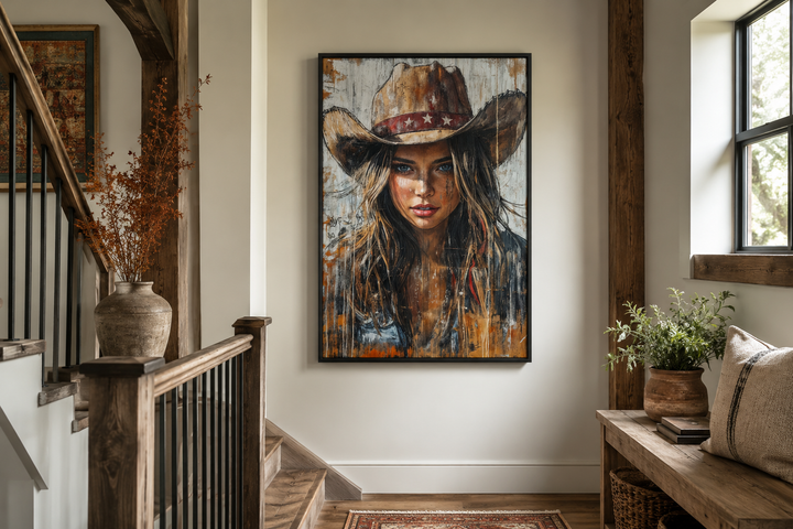 Western cowgirl rustic framed canvas wall art featuring a woman in a cowboy hat in a home setting.